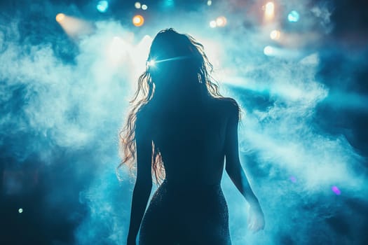 Silhouette of woman feeling joy in the clubs of light smoke. Silhouette of a gracefully dancing woman in a blue haze and bright spotlights.