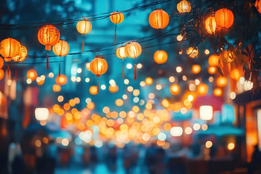 Street decorated with Chinese lanterns at night. Blurred background. Chinese New Year. Generated by artificial intelligence