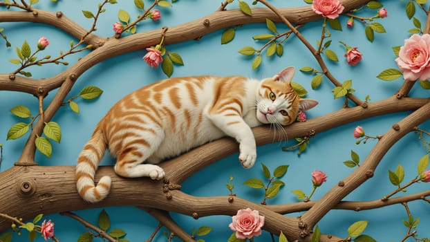 A cat is sleeping on a tree branch. The cat is orange and white. The branch is covered in pink flowers