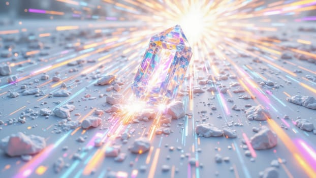 A crystal is on a white surface with a bright light shining on it. The light is creating a rainbow effect around the crystal