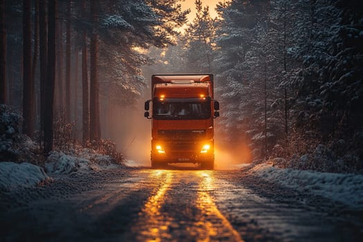 Red truck with headlights on highway surrounded by forest in winter time. Business, commerce, cargo transportation concept.
