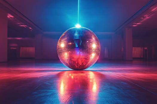 Mirror disco ball in bright spotlight on the floor of an empty dance studio.