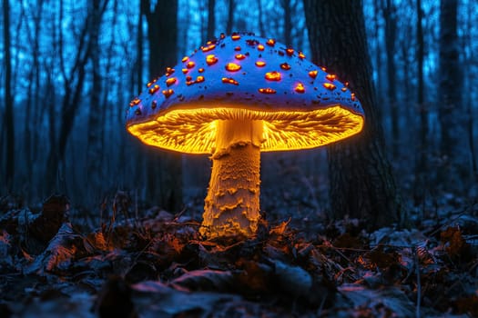 Radioactive magic mushroom with neon glow in the magical forest. Fantastic mushroom with glowing, fluorescent orange dots.