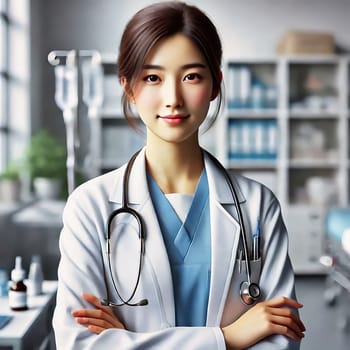 Young doctor and stethoscope in modern clinic. Professional doctor in white coat, concentrated look, medical environment, health.