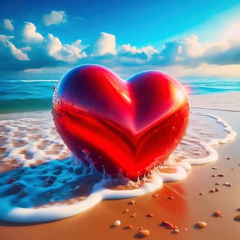 Shining red heart on the beach, lapped by gentle ocean waves in the sunshine. Romantic, dreamlike backdrop full of love and longing.