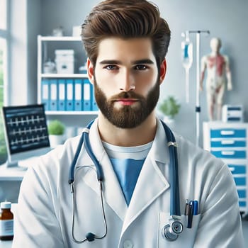 Young doctor with beard and stethoscope in modern clinic. Professional doctor in white coat, concentrated look, medical environment, health.