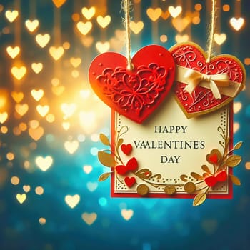Romantic Valentine's Day card with two hearts, golden embellishments and twinkling lights. Perfect for love, weddings, anniversaries or special occasions.