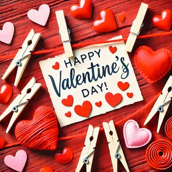 Romantic Valentine's Day card with hearts and text. Card hangs on a string with wooden clips. Decorative elements on a red background. Perfect for love messages and celebratory occasions.