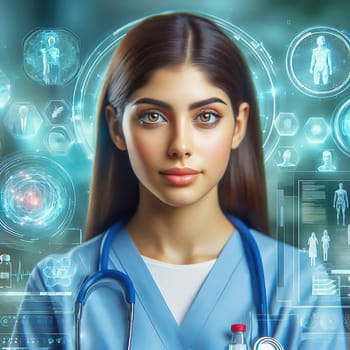 Young doctor and stethoscope in modern clinic. Professional doctor in white coat, concentrated look, medical environment, health.