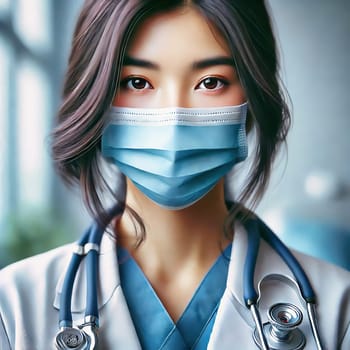 Young doctor with mask and stethoscope in modern clinic. Professional doctor in white coat, concentrated look, medical environment, health.