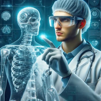 Young doctor with beard and stethoscope in modern clinic. Professional doctor in white coat, concentrated look, medical environment, health.