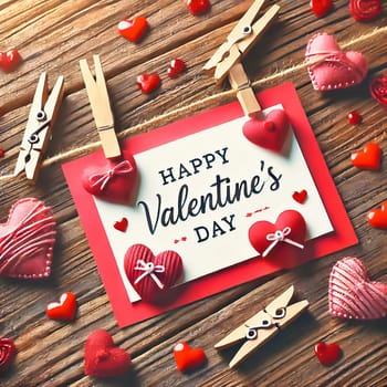 Romantic Valentine's Day card with hearts and text. Card hangs on a string with wooden clips. Decorative elements on a red background. Perfect for love messages and celebratory occasions.