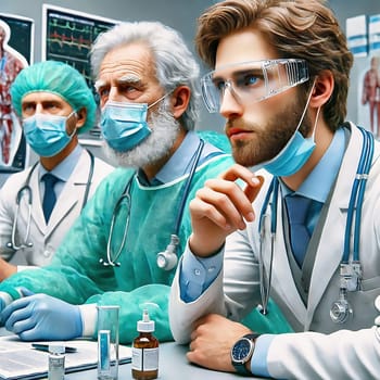 Three doctors with masks and stethoscopes in a modern clinic. Professional doctor in white coat, concentrated look, medical environment, health.