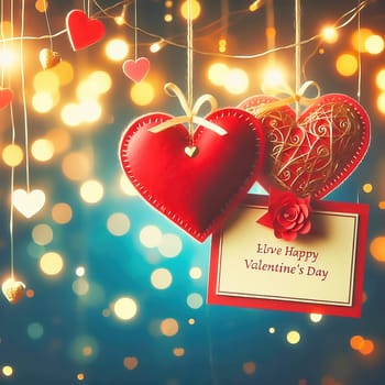 Romantic Valentine's Day card with two hearts, golden embellishments and twinkling lights. Perfect for love, weddings, anniversaries or special occasions.
