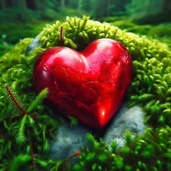 Bright red heart on lush moss in a mystical forest landscape. A symbol of love, closeness to nature and romance in a magical atmosphere.