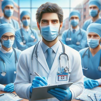 Young doctor with mask and stethoscope in modern clinic. Professional doctor in white coat, concentrated look, medical environment, health.