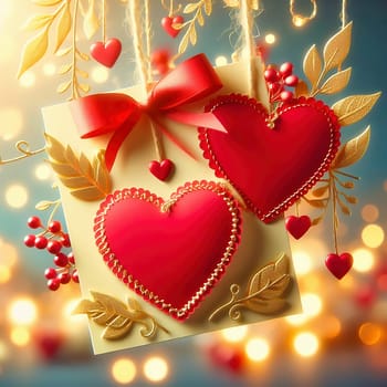 Romantic Valentine's Day card with two hearts, golden embellishments and twinkling lights. Perfect for love, weddings, anniversaries or special occasions.