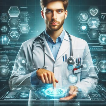 Young doctor with beard and stethoscope in modern clinic. Professional doctor in white coat, concentrated look, medical environment, health.