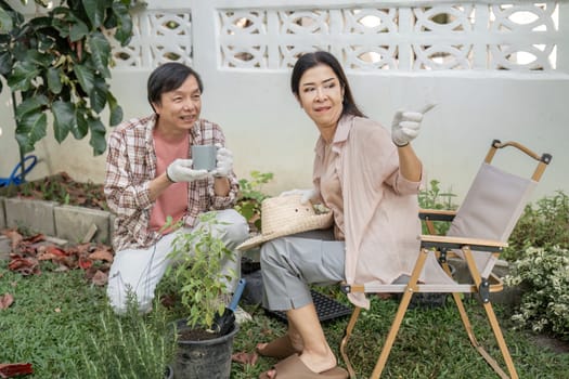 A diverse couple engaged in an animated discussion about gardening ideas in their sunny backyard, sharing smiles while surrounded by potted plants.