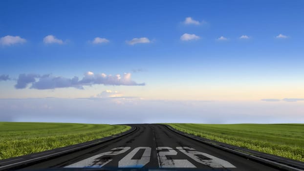 The text 2026 written on the road in the middle of asphalt road