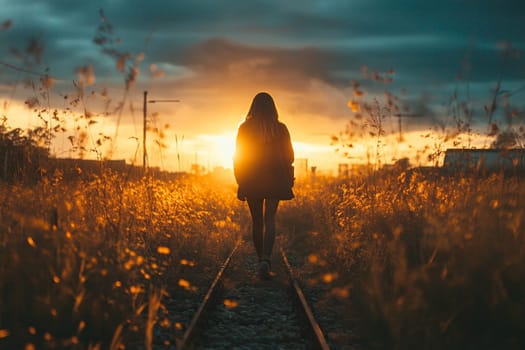 A young girl walking along the railroad tracks towards the sun. The bright sun illuminates the silhouette of the girl in the railroad track.