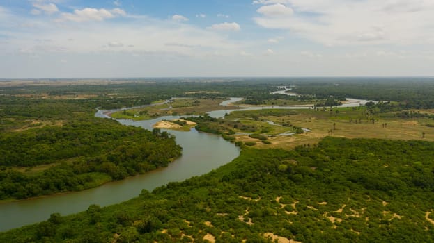 Aerial view of river among forests and jungles in Sri Lanka.