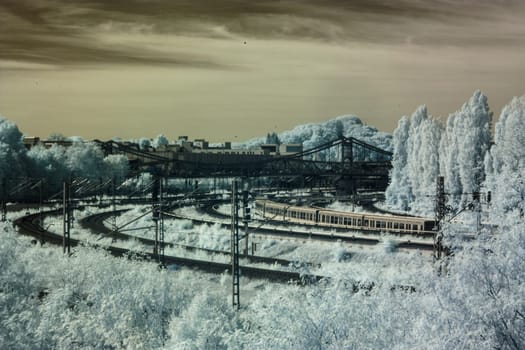 Unique industrial scene with railroad tracks, electrical lines and buildings set amongst trees and bushes. Stunning contrast shot using infrared filter
