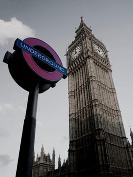 Perspective shot of London underground sign and British landmark, Big Ben