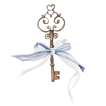 Vintage key watercolor. Hand drawn bronze key with blue bow on isolated white background. Clip art shabby chic. Ideal for posters, postcards and blog design. High quality illustration