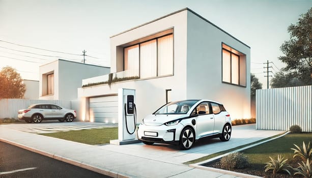 Luxury electric car charging in the driveway of a contemporary home, featuring a blend of glass and wood materials. The low-angle view highlights the sleek design of both the car and the modern architecture as dawn light accentuates the clean lines and open-concept style.