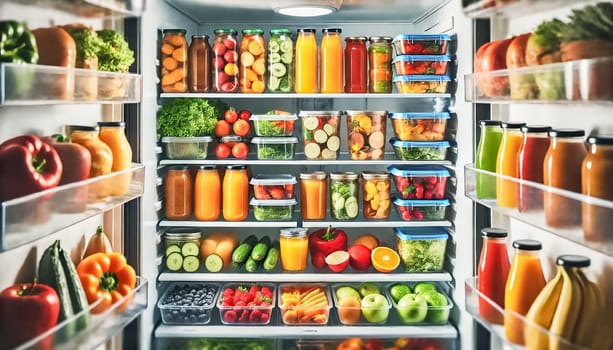 A detailed close-up of meal-prepped containers packed with fresh fruits, vegetables, and healthy meals inside a modern refrigerator. The vibrant colors of the ingredients highlight the neat organization and freshness of the fridge.