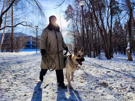 A woman strolls with her German Shepherd through a snowy park under the sun, enjoying the winter scenery and fresh air.