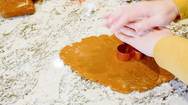 Using various festive cookie cutters, we're cutting out charming gingerbread cookies from the rolled dough on the sleek marble counter, bringing holiday cheer to the modern kitchen.