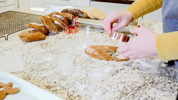Using various festive cookie cutters, we're cutting out charming gingerbread cookies from the rolled dough on the sleek marble counter, bringing holiday cheer to the modern kitchen.