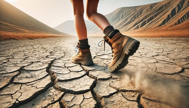 A woman hikes across a dry, cracked landscape with her dog leading the way. Dust rises from her boots and the dog’s paws, as they traverse the arid terrain under a clear sky, surrounded by barren hills.