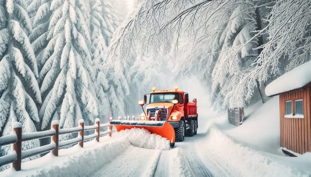 A bright orange snowplow clears a path through thick snow, with snow-laden trees arching over a wooden fence. The peaceful winter scene is set against a backdrop of dense, snow-covered branches, creating a tranquil yet hardworking atmosphere.