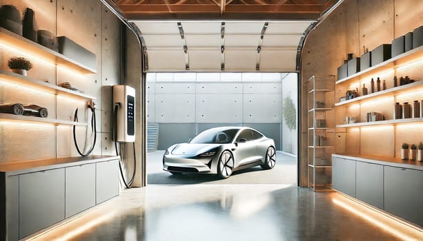 Inside a modern garage with a luxury electric car connected to a sleek, wall-mounted charging station. Natural light enters through the partially open garage door, illuminating the polished concrete floor and minimalist storage cabinets, creating a clean, functional space.