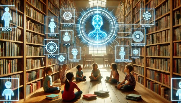 A serene futuristic library with tall wooden bookshelves filled with physical books, paired with floating holographic AI displays. Soft lighting creates a warm contrast between the classic library design and glowing digital projections, inviting both traditional reading and modern learning.