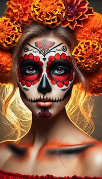 A medium-shot portrait captures a woman in vibrant Dia de los Muertos makeup, blending black, white, and red details. Her marigold and white rose flower crown adds elegance, as she stands against a warm, blurred background filled with festive lights and decorations.