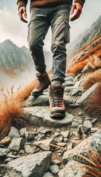 The worn hiking boots carefully step over sharp, uneven rocks along a rugged mountain trail. Autumn-colored grass lines the path as misty peaks loom in the distance, creating an adventurous and challenging atmosphere.
