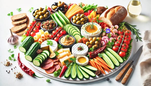 A slightly elevated side-top view of a Mediterranean charcuterie spread on a white background. The layout includes fresh vegetables, cheeses, cured meats, and crusty bread, arranged in a colorful and inviting display, perfect for gatherings and festive occasions.