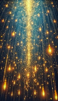 Golden specks of light float vertically, resembling ascending stars or lanterns against a deep blue backdrop. The upward motion and interplay of shadows create a mesmerizing and dreamlike atmosphere filled with serenity.