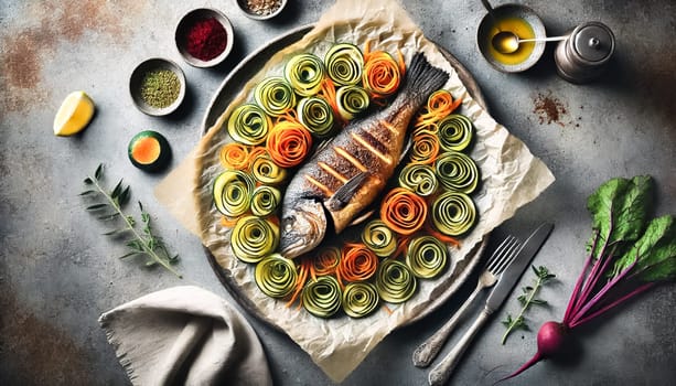A perfectly roasted whole fish with a crispy, golden-brown crust, resting on parchment paper. It is surrounded by vibrant vegetable ribbons in orange, green, and purple, all served on rustic dishes. The textured napkins and soft lighting create a warm, inviting dining atmosphere.