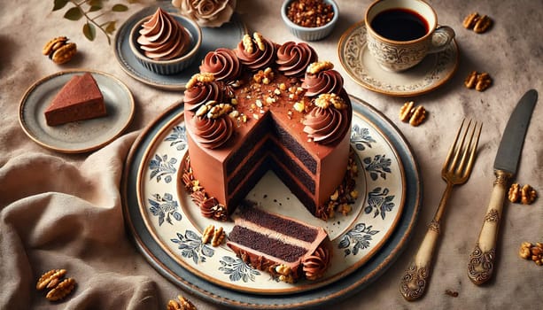 A luxurious chocolate cake with smooth frosting and walnut garnish, elegantly displayed on a decorative floral-patterned plate. The scene features fine vintage cutlery, a classic teacup filled with rich coffee, and a warm, inviting atmosphere.