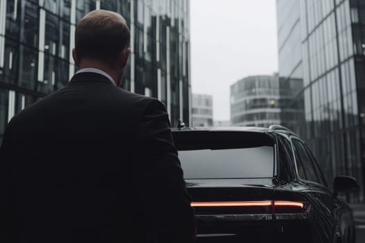 A man in a suit stands in front of a black car. The car is parked in a city with tall buildings in the background. The man is waiting for someone or something, possibly a ride or a meeting