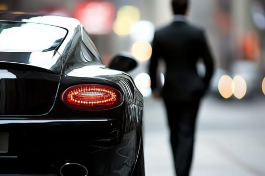A man is walking in front of a black sports car. The car is parked on the side of the road, and the man is wearing a suit. Concept of luxury and sophistication