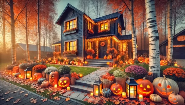 The images showcase charming dark-toned homes fully decorated for Halloween, with carved pumpkins glowing on the steps and fall leaves scattered across the ground. Warm lights shine from the windows, creating a cozy, slightly spooky atmosphere amidst vibrant orange trees.