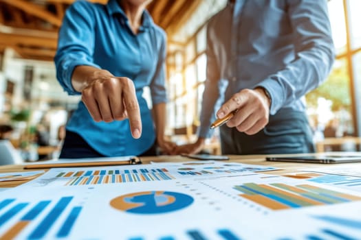Two people are looking at a table with graphs and charts. One of them is pointing at a specific chart