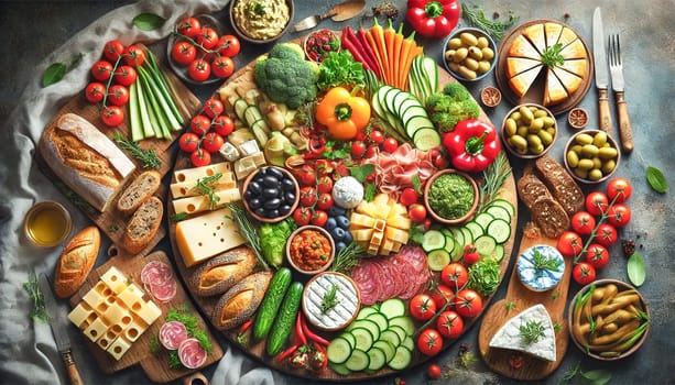 A realistic top-down view of a Mediterranean charcuterie spread, featuring an organized array of fresh vegetables, artisanal cheeses, deli meats, and crusty bread. The vibrant colors and rustic presentation make it perfect for gatherings and special occasions.