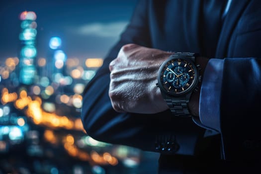 A man is wearing a watch and standing in front of a city skyline. The watch is black and has a silver band. The man is wearing a suit and tie